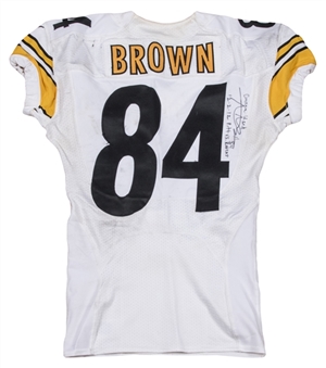 2012 Antonio Brown Game Used, Signed & Inscribed Pittsburgh Steelers White Jersey Used on 12/2/12 VS Ravens (Brown LOA & Beckett)